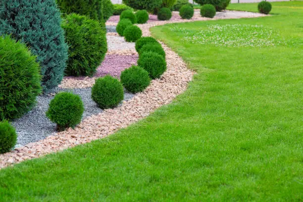 Professionell angelegter Gartenweg mit Beleuchtung